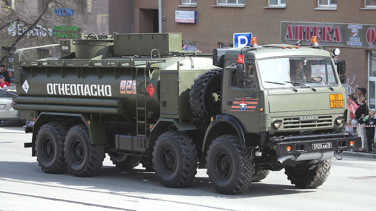 A Russian ATs-14-63501 fuel truck on parade in 2021.