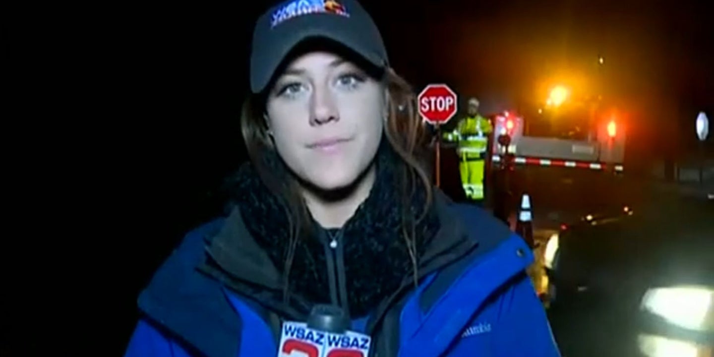 Tough Newscaster Bumped by a Car on Live TV and She Pops Right Back Up