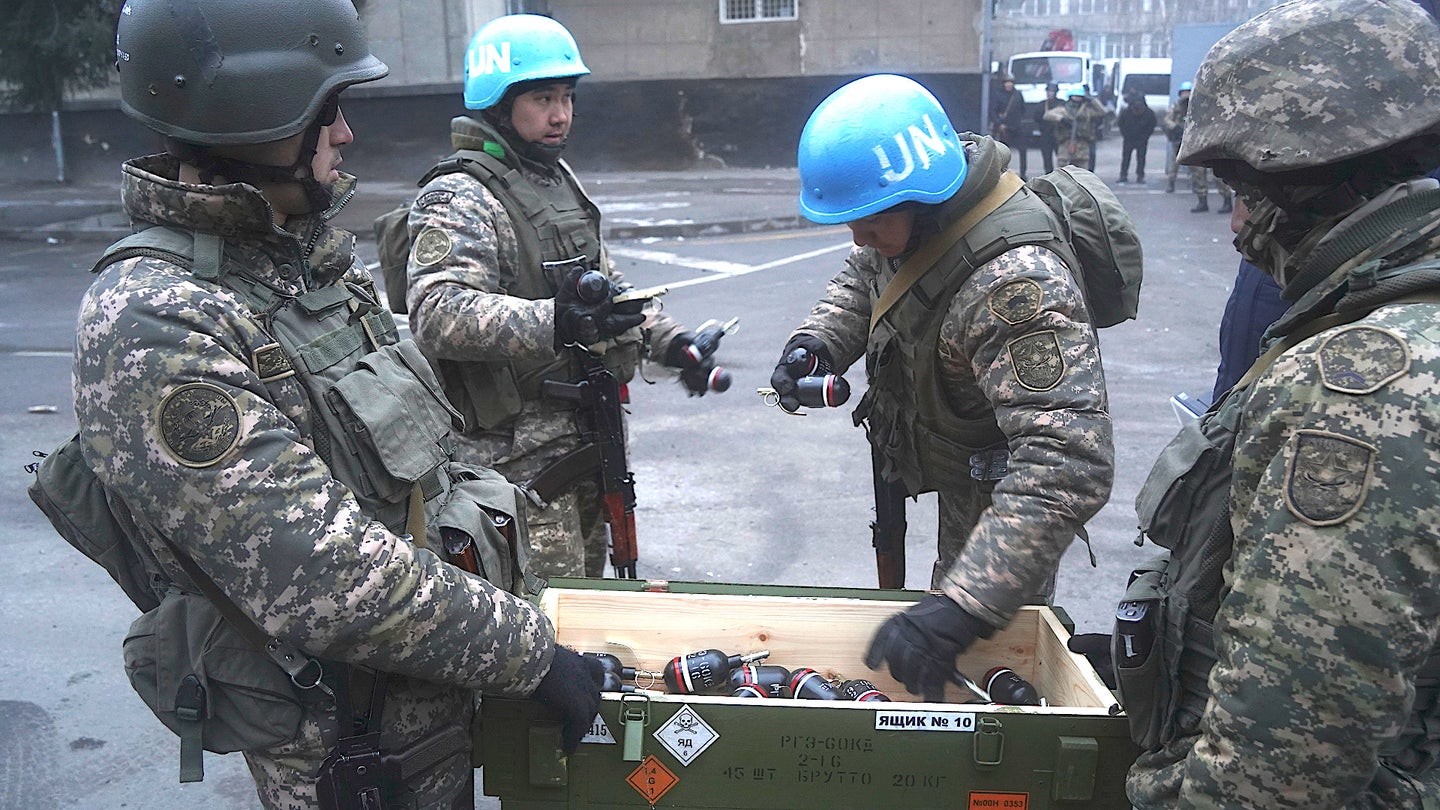 Members of the KAZBAT peacekeeping unit and other Kazakh security forces personnel in Almaty in response to the unrest there on Jan. 6, 2022.