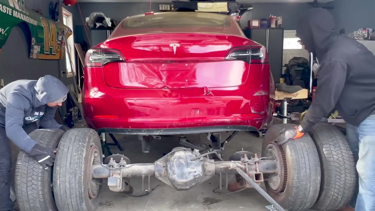 This YouTuber Is Building a Diesel Dually Tesla Model 3 to Tow 15,000 Pounds