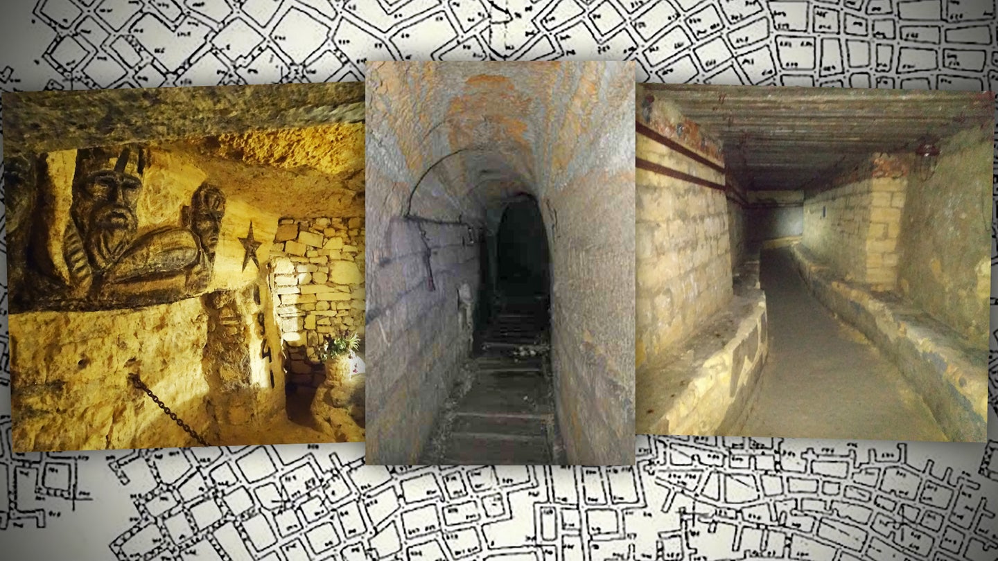 Pictures from within the Odesa Catacombs overlaid on to of a map of a section of the tunnel network.