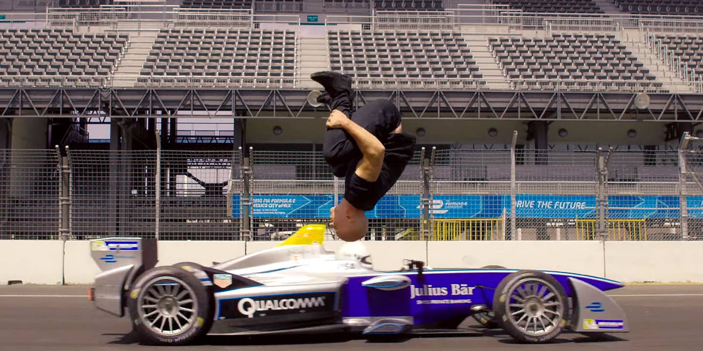 Insane Person Backflips Over a Speeding Formula E Race Car