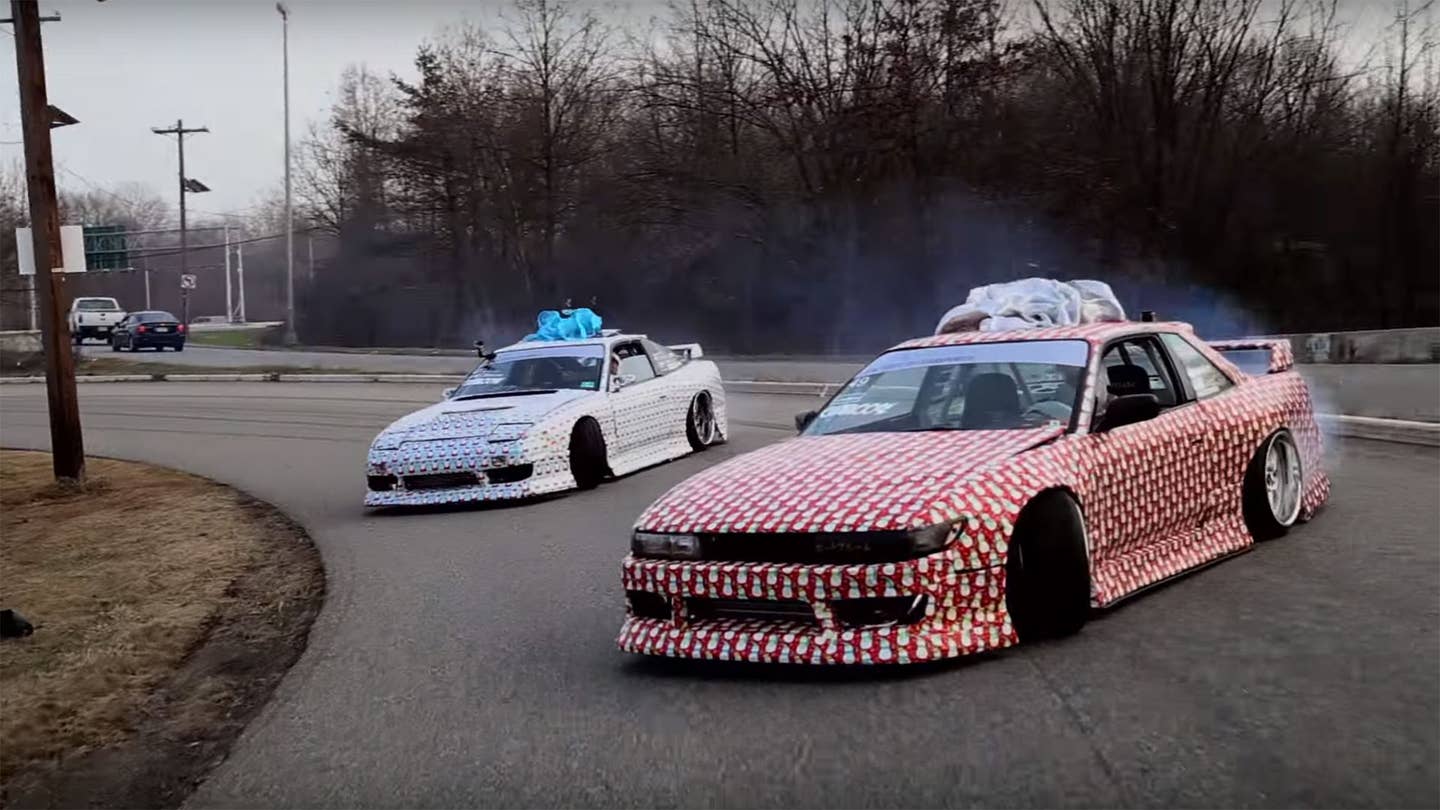 Watch Gift-Wrapped Drift Cars Spread Holiday Cheer