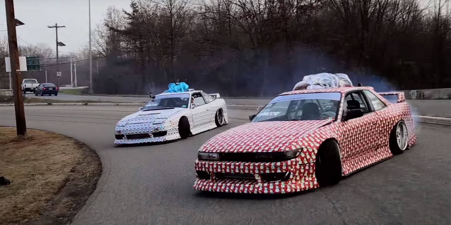 Watch Gift-Wrapped Drift Cars Spread Holiday Cheer