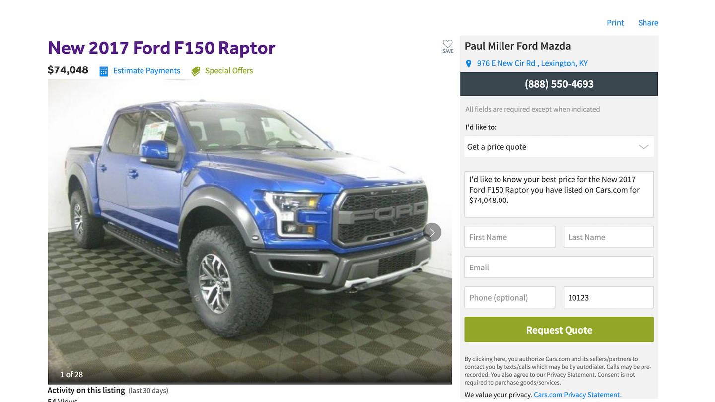There’s Already a 2017 Ford F-150 Raptor on Sale…for $75K