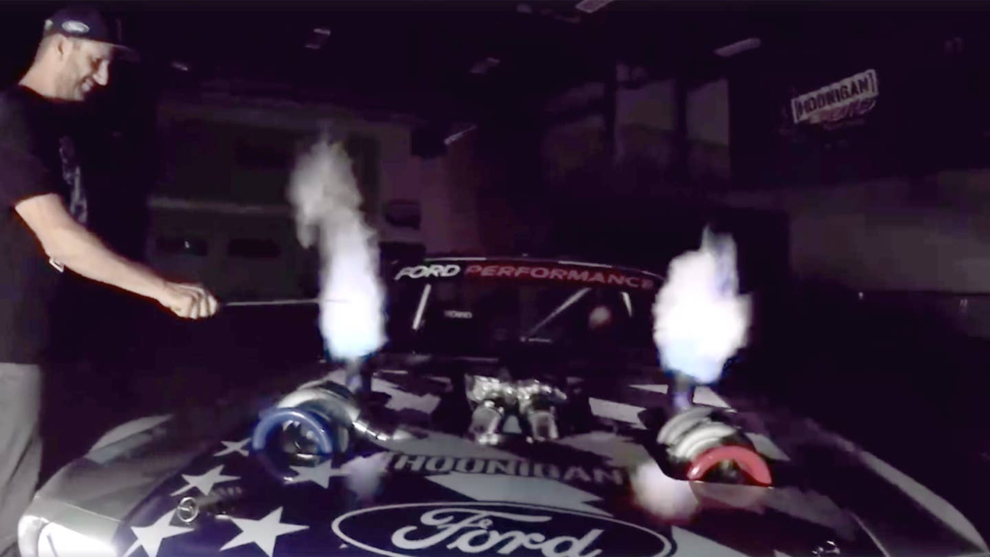 Watch Ken Block’s 1,400-HP Hoonicorn Ford Mustang Spit Fire