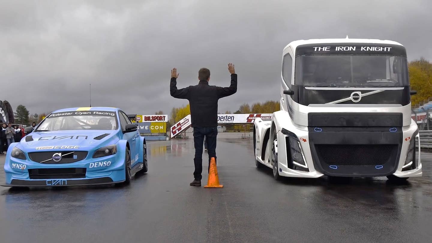 Watch Volvo’s 2,400-HP “Iron Knight” Truck Race a Volvo S60 Polestar Race Car