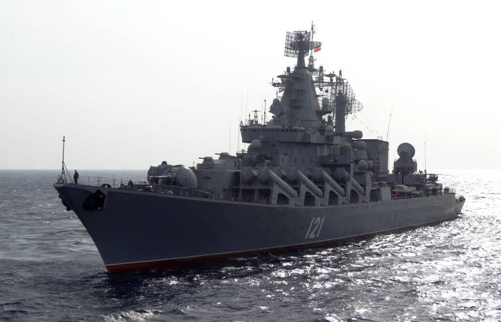 Pictured in happier times, the Russian Navy cruiser <em>Moskva</em> patrols in the Mediterranean Sea, off the coast of Syria, on December 17, 2015. <em>MAX DELANY/AFP via Getty Images</em>