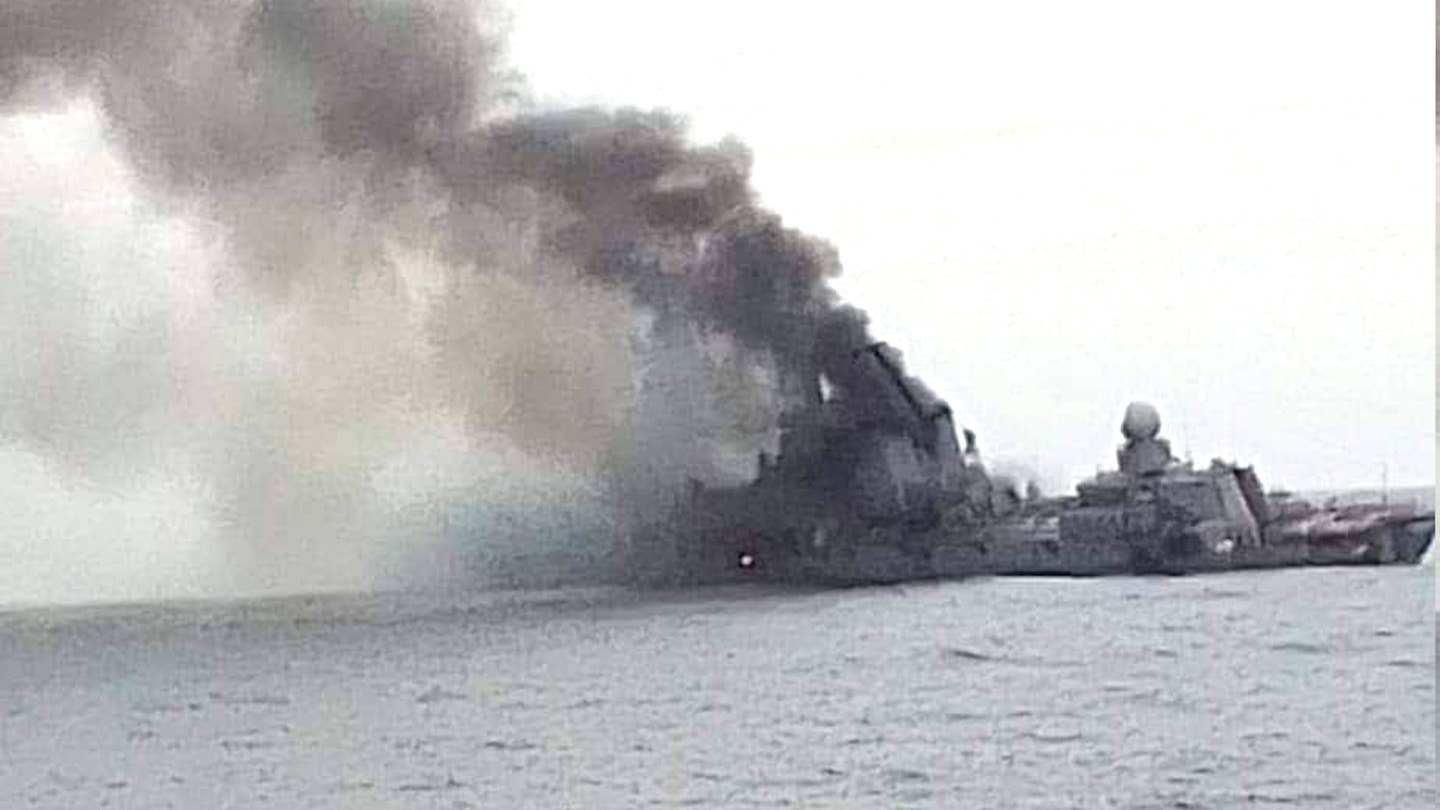 A picture that appears to show the Russian Navy's cruiser Moskva burning after a reported Ukrainian missile strike.