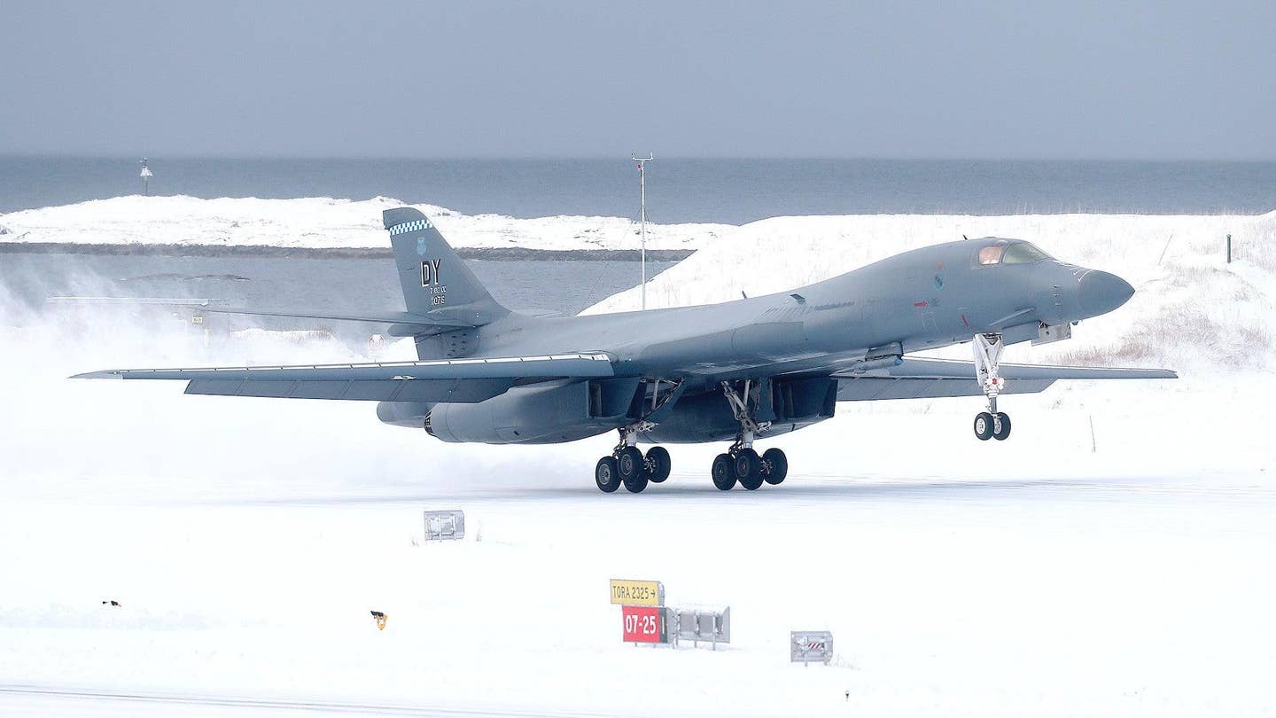 A B-1B bomber lands at Bodø Main Air Station in Norway in March 2021.&nbsp;<em>Forsvaret</em>