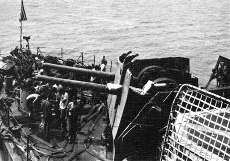 The destroyed aft gun turret aboard the USS&nbsp;<em>Higbee</em>, when the warship was at Da Nang, South Vietnam, in April 1972. <em>U.S. Navy</em>