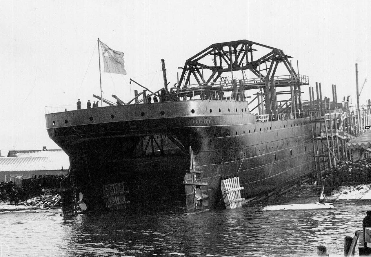 <em>Volkhov</em> being launched in 1913. The ship has seen an amazing amount of history.