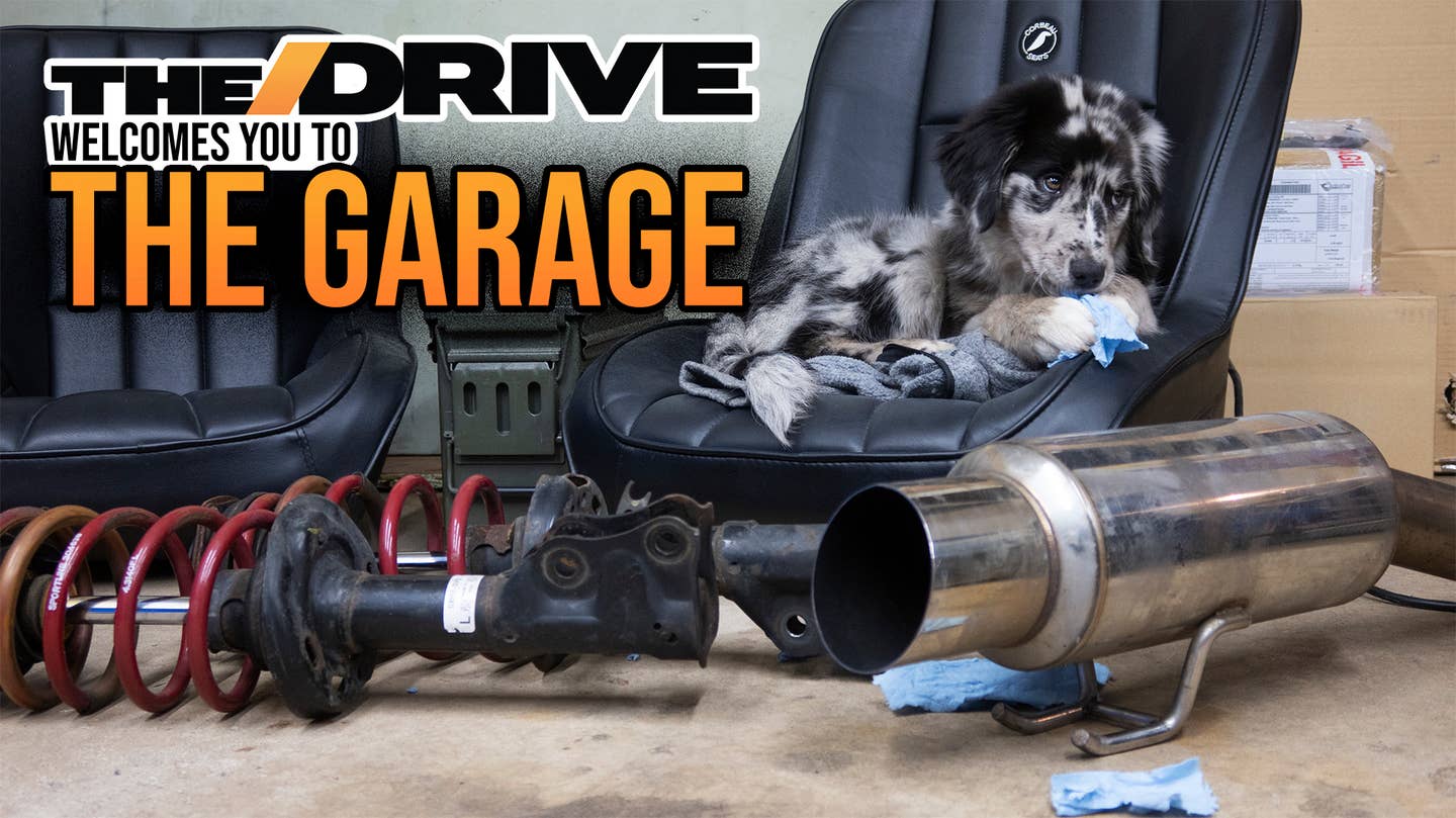 A collection of car parts, with a soft and fluffy dog sitting among them.