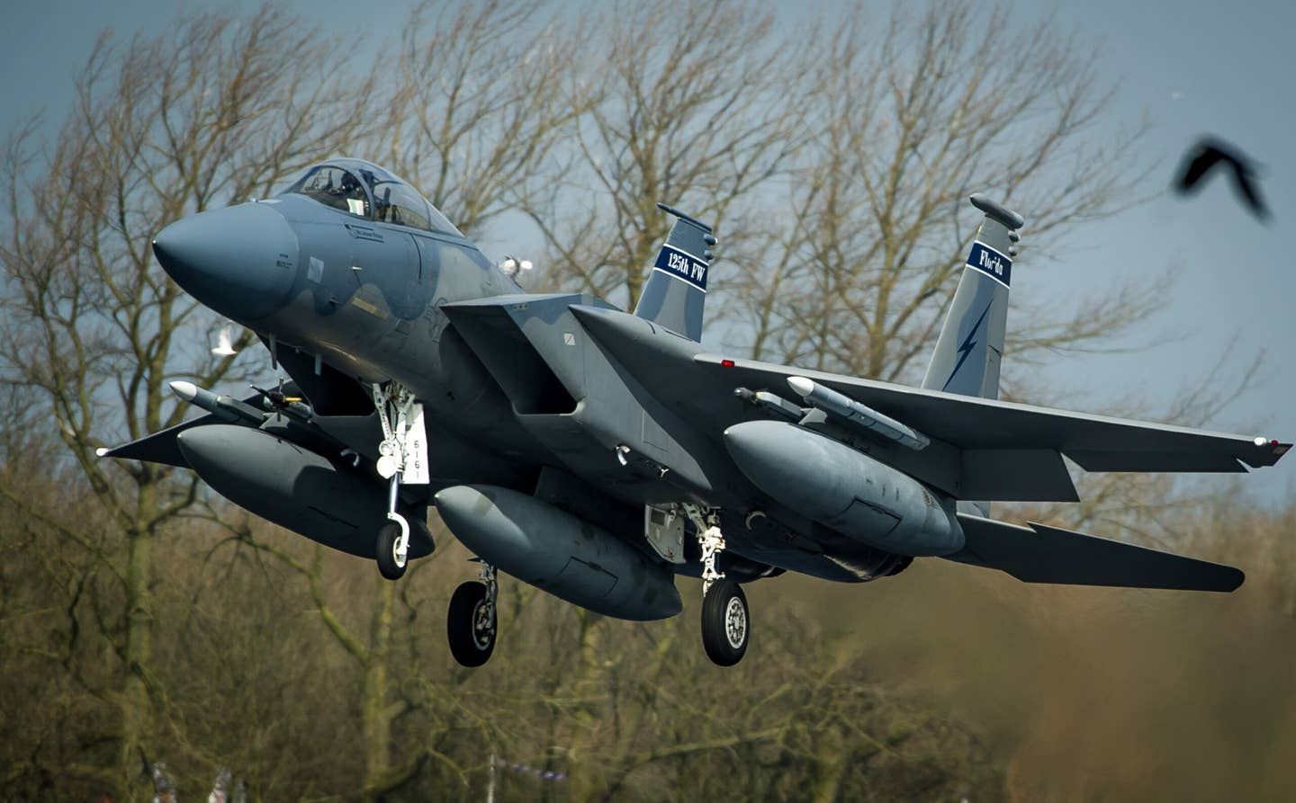 An F-15C Eagle from the 125th Fighter Wing lands at Leeuwarden Air Base, Netherlands, in 2015. These F-15s will be replaced by F-35As. <em>U.S. Air Force photo/ Staff Sgt. Ryan Crane</em>