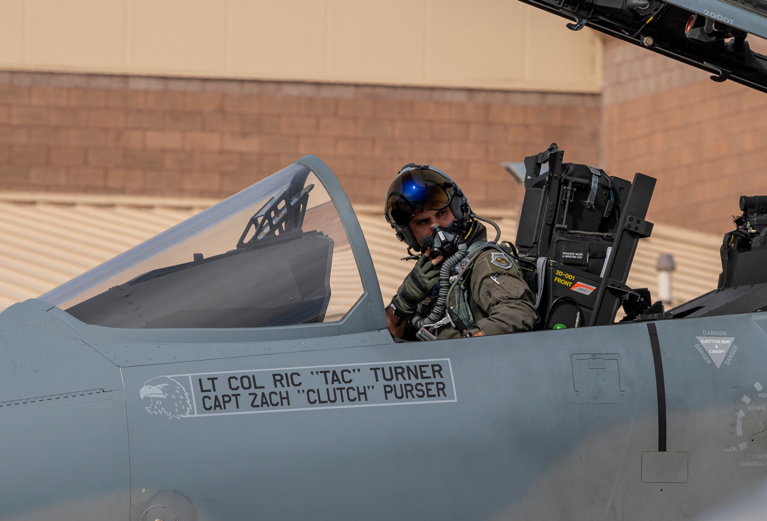 Maj. Kevin Hand, F-15EX operational and experimental test pilot with the Air National Guard-Air Force Reserve Test Center, prepares to taxi out for a mission from Nellis Air Force Base, Nevada, Oct. 20, 2021. Hand will be flying the F-15EX Eagle II for test and evaluation flights for the Air Force’s newest fighter jet. (U.S. Air Force photo by William R. Lewis)