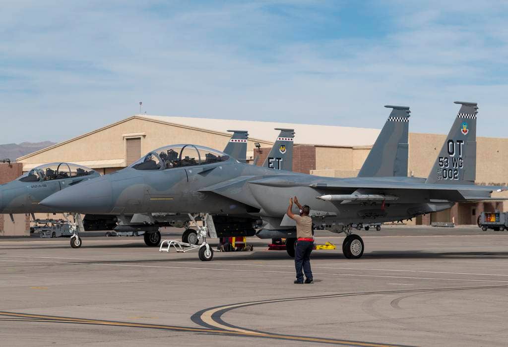 F-15EXs undergo testing at Nellis AFB. (Credit: USAF)