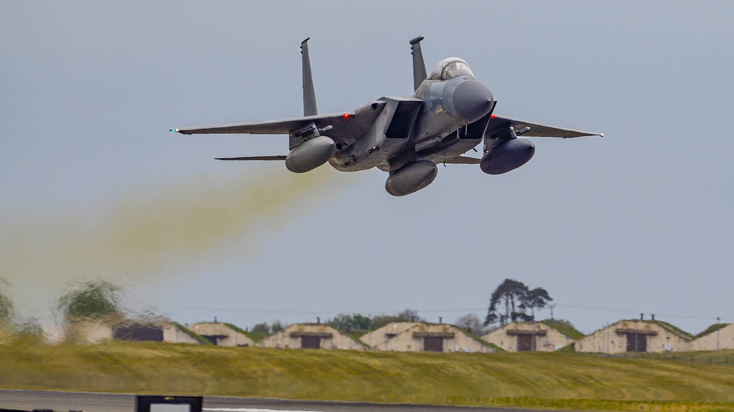 One of the final four F-15Cs of the 493rd Fighter Squadron gets airborne from RAF Lakenheath. Credit: Jamie Hunter<br><br>