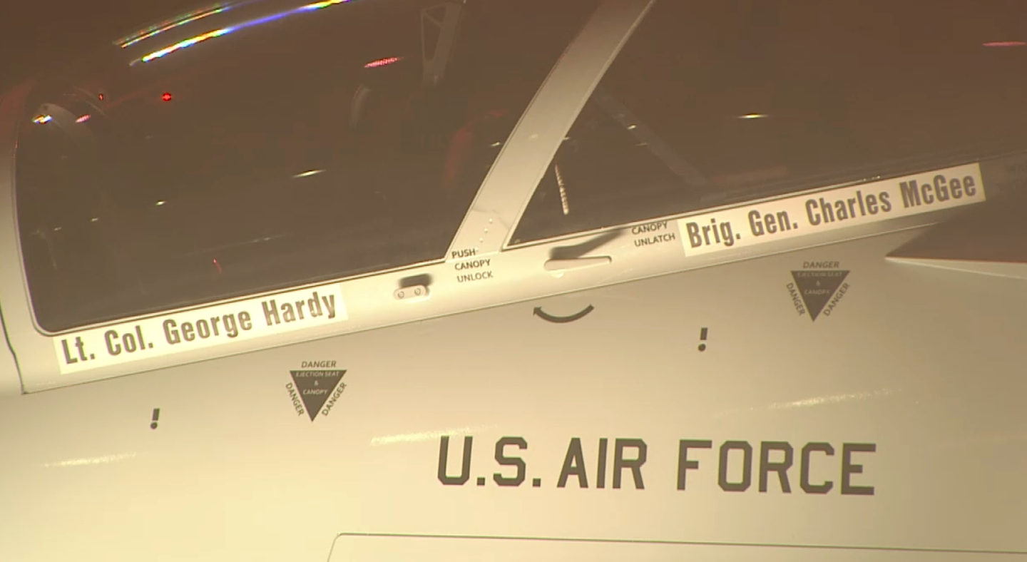 The names of Tuskegee Airmen Lt. Col. George Hardy and Brig. Gen. Charles McGee appear below the cockpit canopy on the first EMD T-7A for the Air Force. <em>Boeing Screencap</em>