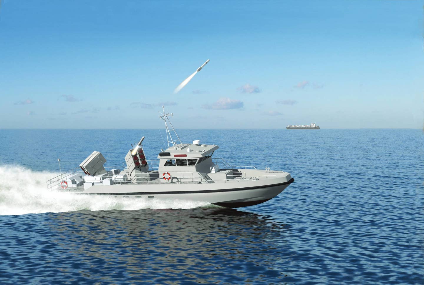 An artist’s concept of a small naval craft armed with surface-launched Brimstone/Sea Spear missiles. <em>MBDA</em>