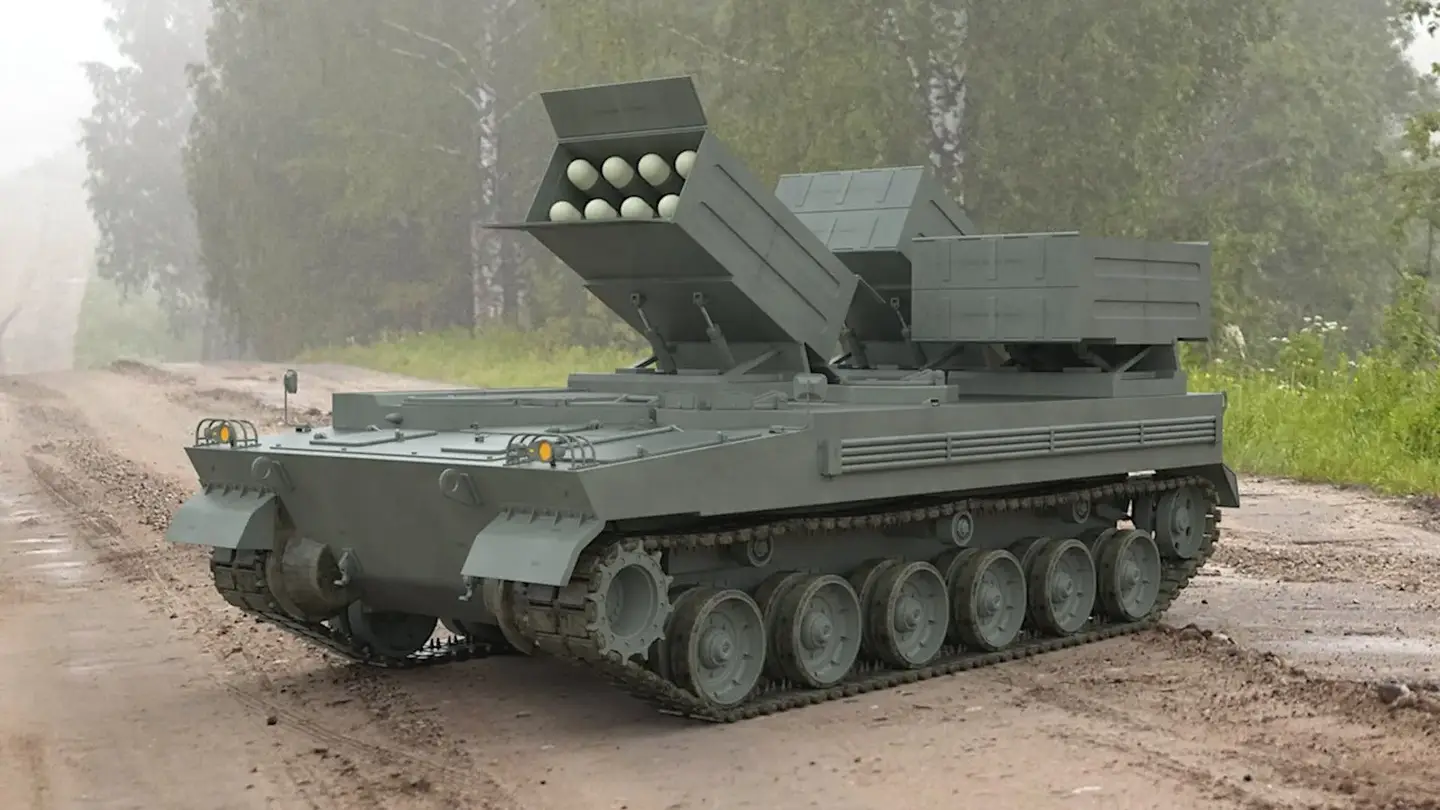 A proposed Brimstone-armed tank destroyer for Poland, based on the Krab 155mm self-propelled howitzer chassis, with three eight-round launchers. <em>MBDA</em><br>