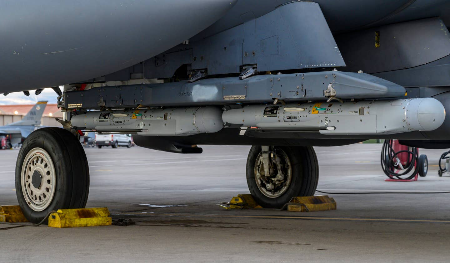 A U.S. Air Force F-15E Strike Eagle from the 422nd Test and Evaluation Squadron carrying GBU-53/B StormBreaker munitions. <em>U.S. Air Force photo by William Lewis</em><br>