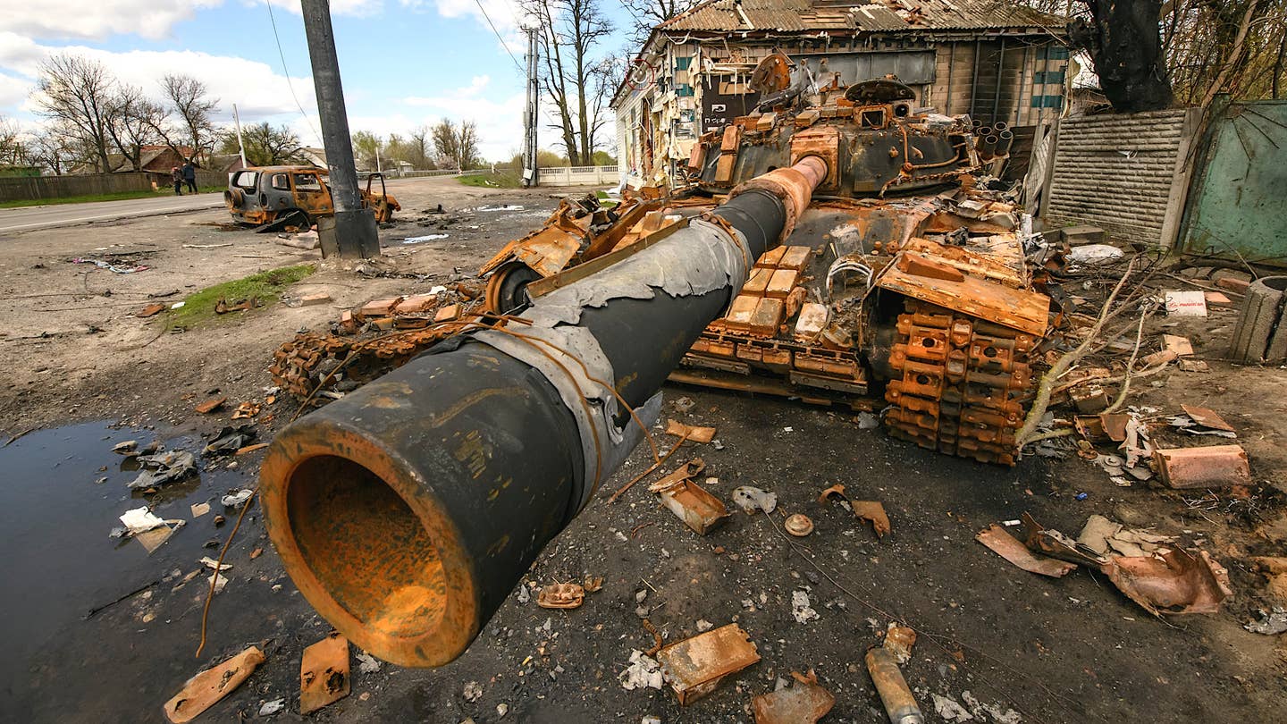 Destroyed tank in Kolychivka village, Chernihiv area, April 27, 2022.