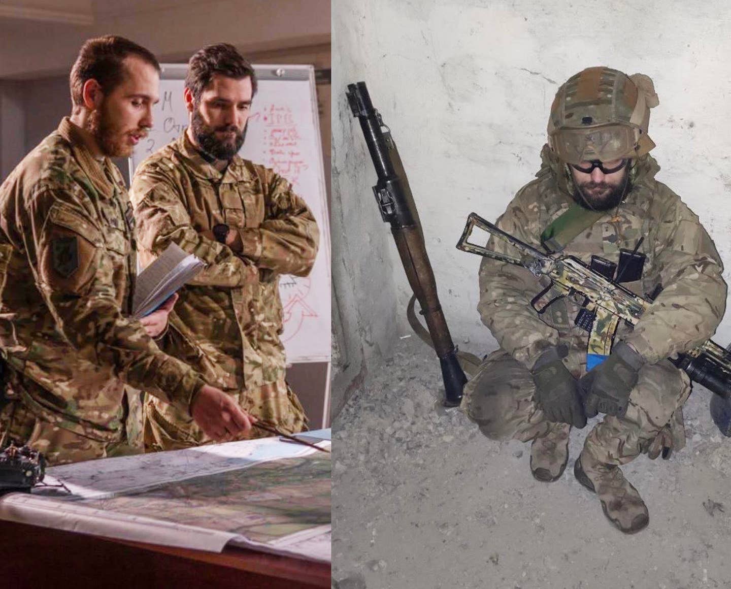 LEFT: Ukraine National Guard Maj. Bohdan Krotevych with Lt. Kharkov Andriy. Andriy was killed by Russian special forces, when they assaulted the house fire position he was commanding. He died covering his friends, Krotevych said. RIGHT: Kortevych during combat operations. (Photos courtesy Bohdan Kortevych).