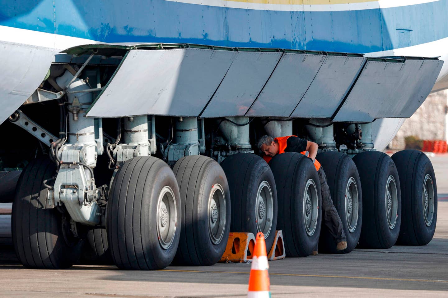 As part of its expansion from the An-124 Ruslan, the An-225 Mriya has 32 landing gear tires. <em>Photo by JACK GUEZ/AFP via Getty Images</em>