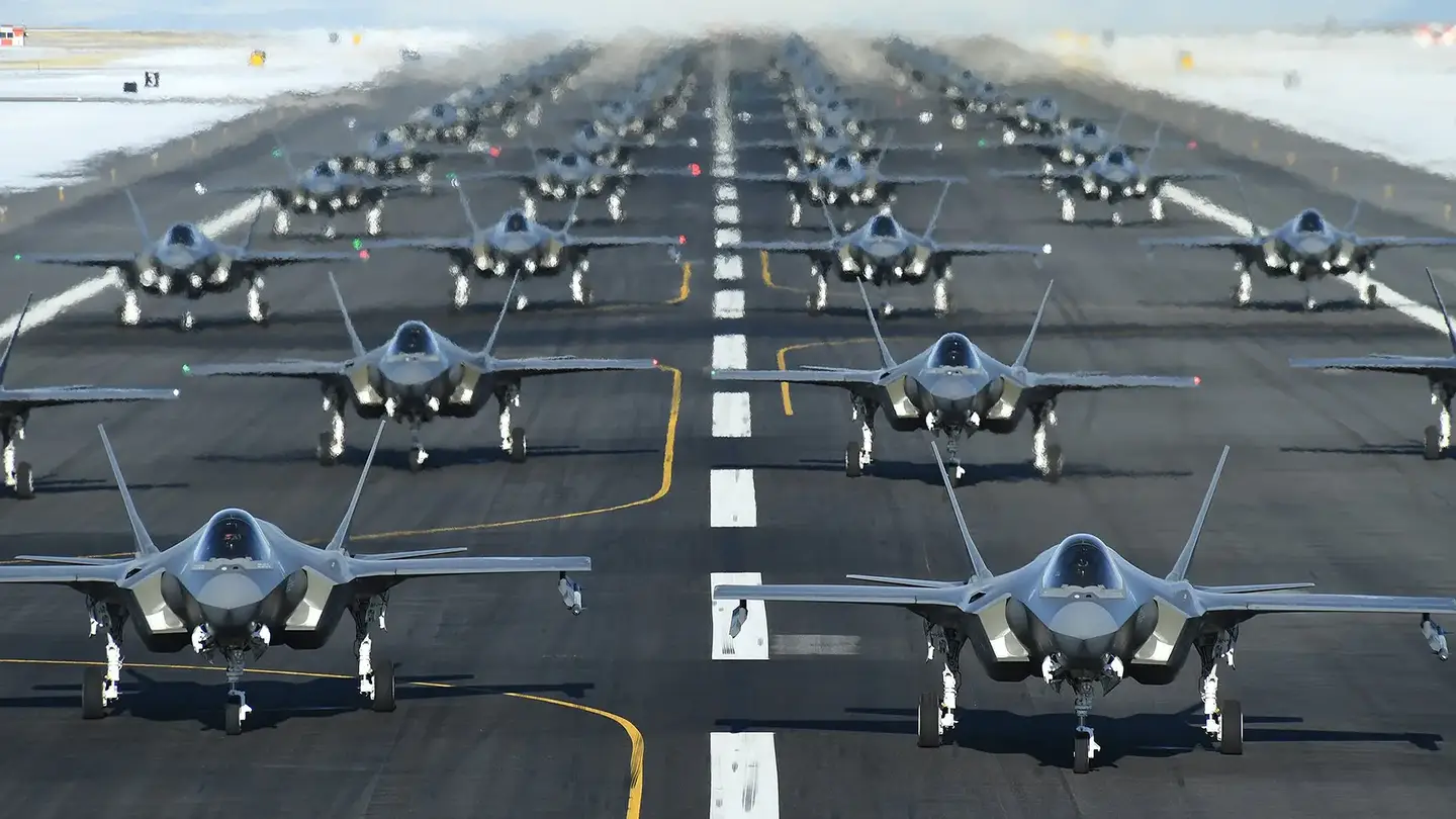 A total of 52 U.S. Air Force F-35A stealth fighters perform a readiness drill at Hill Air Force Base in Utah.&nbsp;<em>U.S. Air Force photo by R. Nial Bradshaw</em>