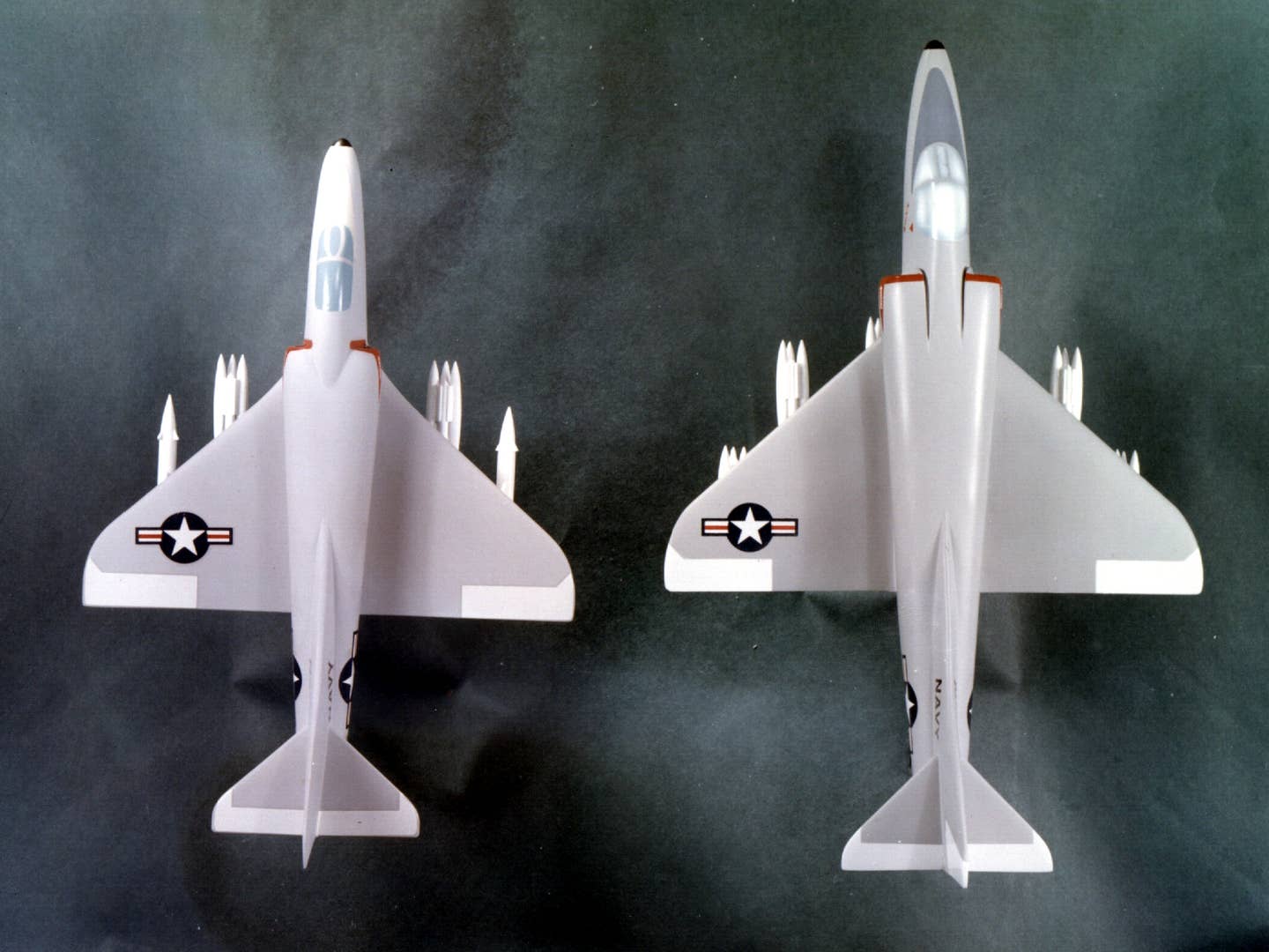 Photo showing models of the production Douglas A4D-5 (A-4E)&nbsp;Skyhawk, left, and the proposed A4D-6. <em>U.S. Navy National Museum of Naval Aviation</em>