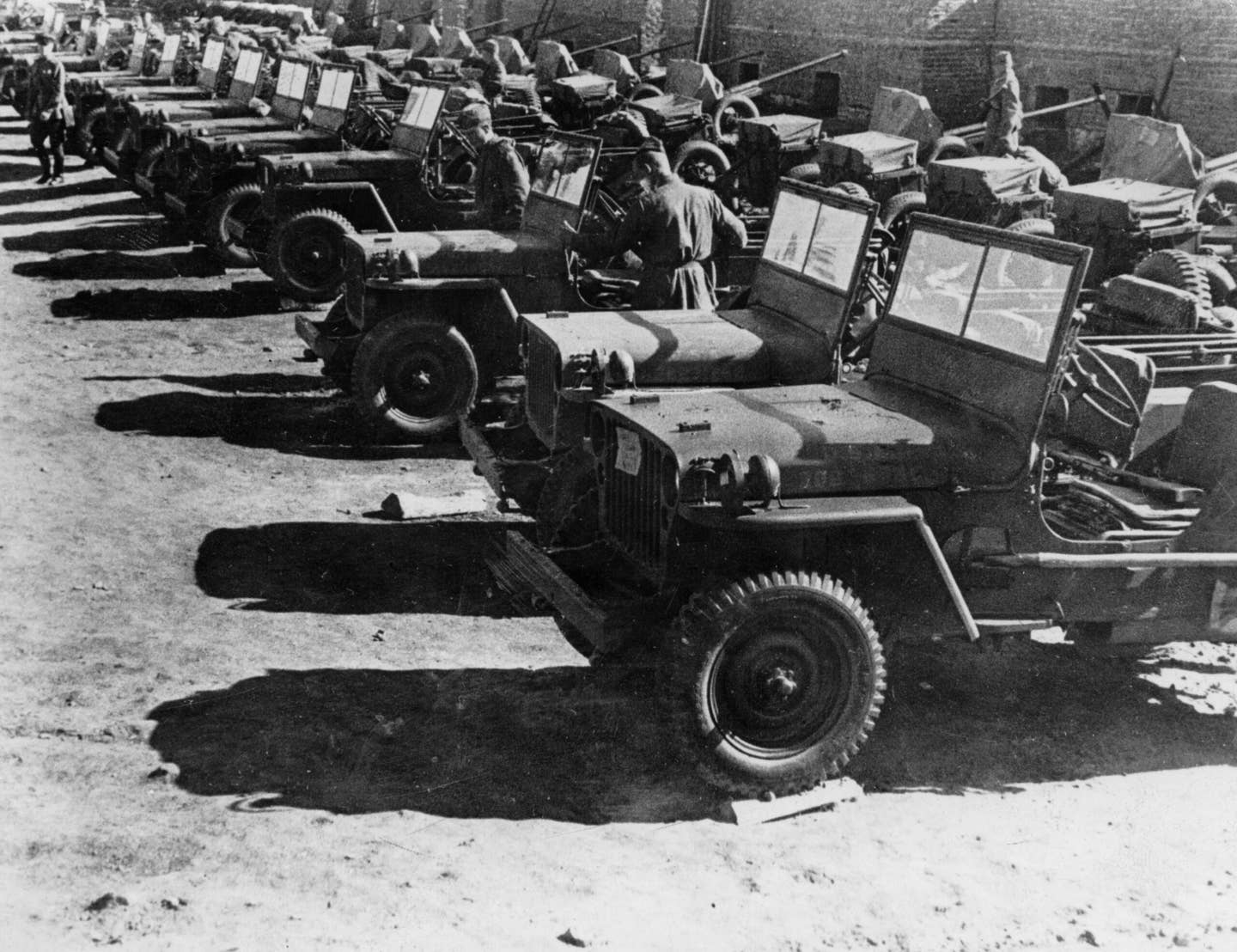 Soviet Red Army soldiers with US-made jeeps on the way to the front, World War II  as part of the American lend-lease program. Photo by: Sovfoto/Universal Images Group via Getty Images