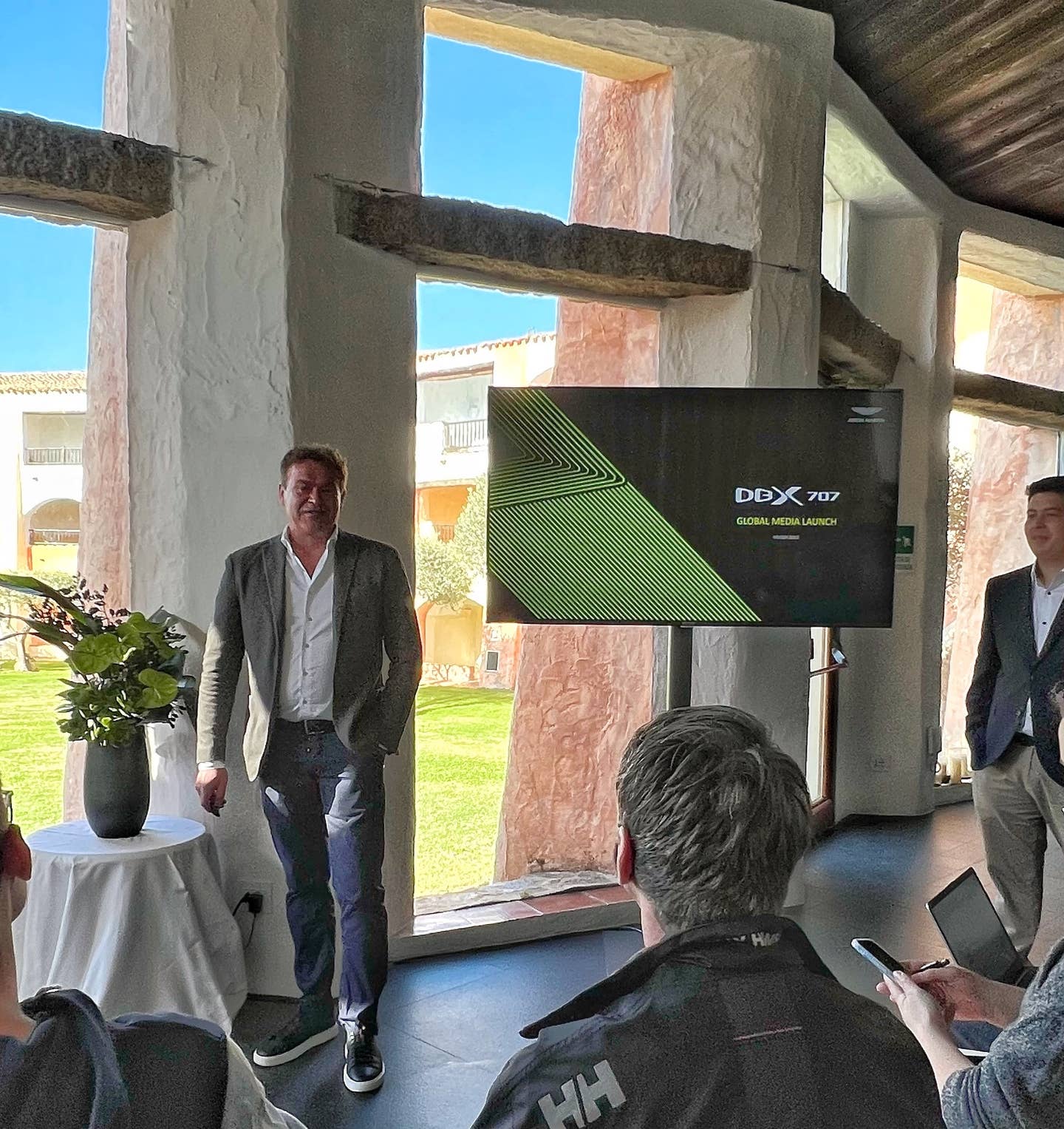 Tobias Moers introducing the Aston Martin DBX 707 in Sardinia, Italy in March 2022.