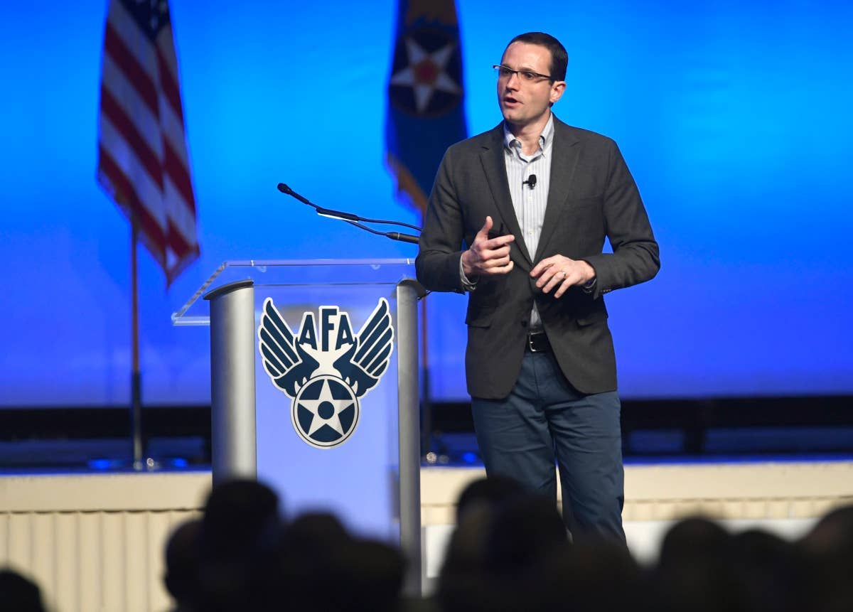 Will Roper, the then Assistant Secretary of the Air Force for Acquisition, Technology, and Logistics, speaks at an Air Force Association convention in 2019.&nbsp;<em>USAF</em><br>
