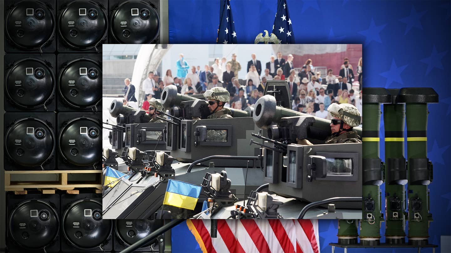 A picture of Ukrainian forces in vehicles armed with Javelin anti-tank missiles overlaid on top of a photograph from a recent visit by US President Joe Biden to a Lockheed Martin facility which manufactures these weapons in Troy, Alabama.