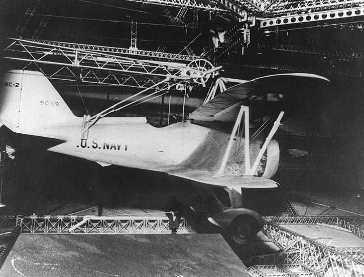 An F9C-2&nbsp;Sparrowhawk&nbsp;inside the hangar of USS&nbsp;<em>Akron</em>&nbsp;in 1932. <em>U.S. Navy</em>