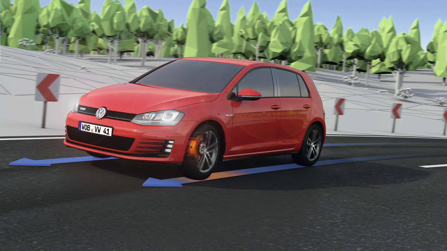A red Mk7 VW GTI driving through a corner. Arrows in front of the front tires indicate the torque of each wheel.
