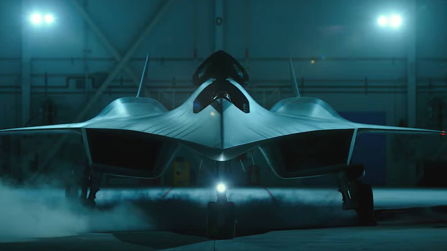 A screen shot of a clip from the 2022 film Top Gun: Maverick showing a fictional hypersonic aircraft that Lockheed Martin helped craft.