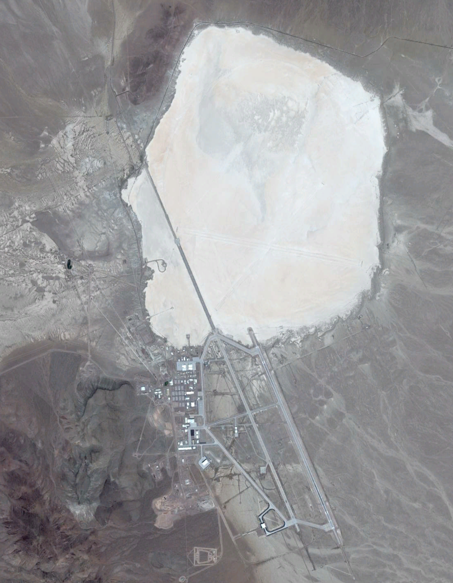 Area 51 with Groom dry lakebed that has designated auxiliary runways for emergency and special testing uses. <em>Google Earth</em>