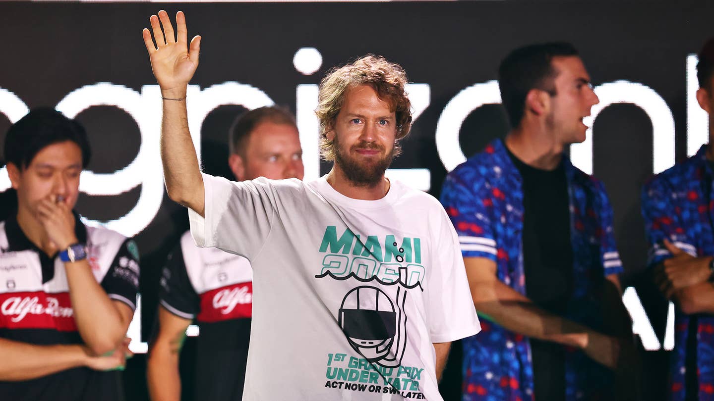 MIAMI GARDENS, FLORIDA - MAY 04: Sebastian Vettel of Germany and Aston Martin F1 Team waves to the crowd during the F1 Grand Prix of Miami Opening Party at Hard Rock Stadium on May 04, 2022 in Miami Gardens, Florida. (Photo by Dan Istitene - Formula 1/Formula 1 via Getty Images)