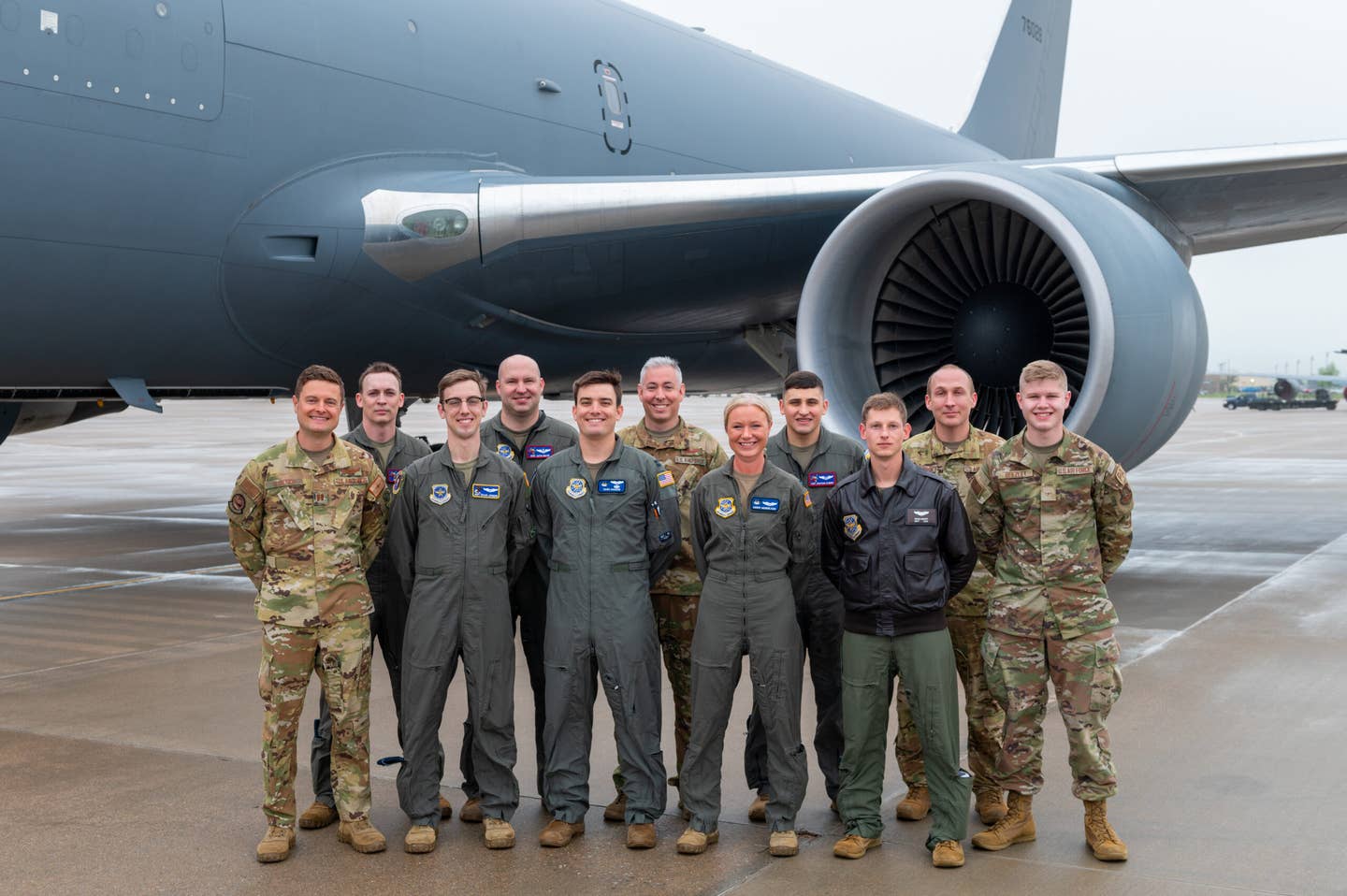 The aircrew from the 22nd Air Refueling Wing’s 24-hour flight pose for a group photo May 5, 2022 at McConnell Air Force Base, Kansas. The aircrew took a group photo before embarking on a 24-hour sortie in a KC-46A Pegasus, completing the Air Mobility Command’s longest flight. <em>U.S. Air Force photo by Airman Brenden Beezley.</em>