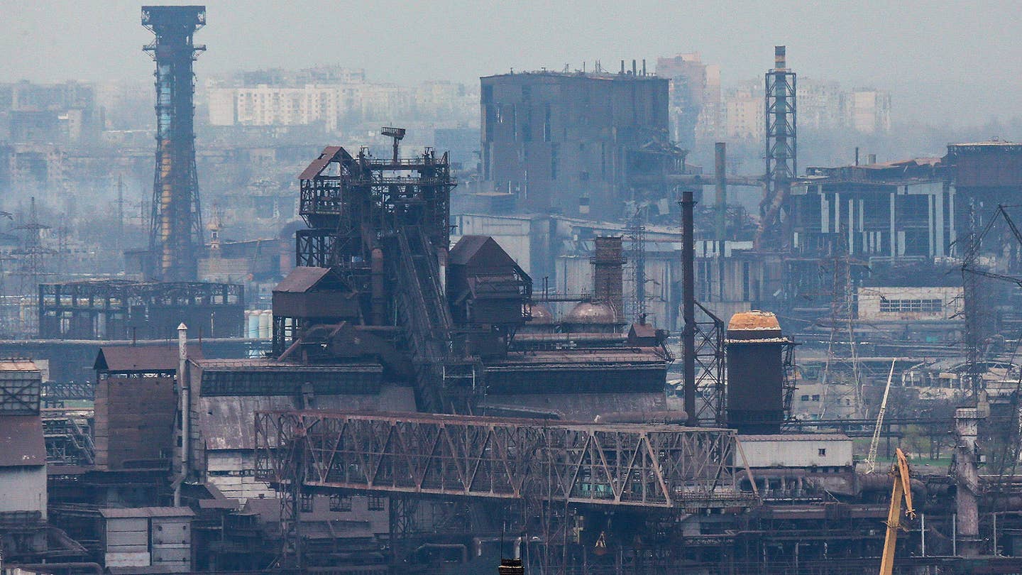 Photo taken on April 19, 2022 shows a view of the Azovstal plant in the port city of Mariupol. Russian President Vladimir Putin on Thursday ordered a blockade of the Azovstal plant in the port city of Mariupol instead of storming it, local media reported. (Photo by Victor/Xinhua via Getty Images)