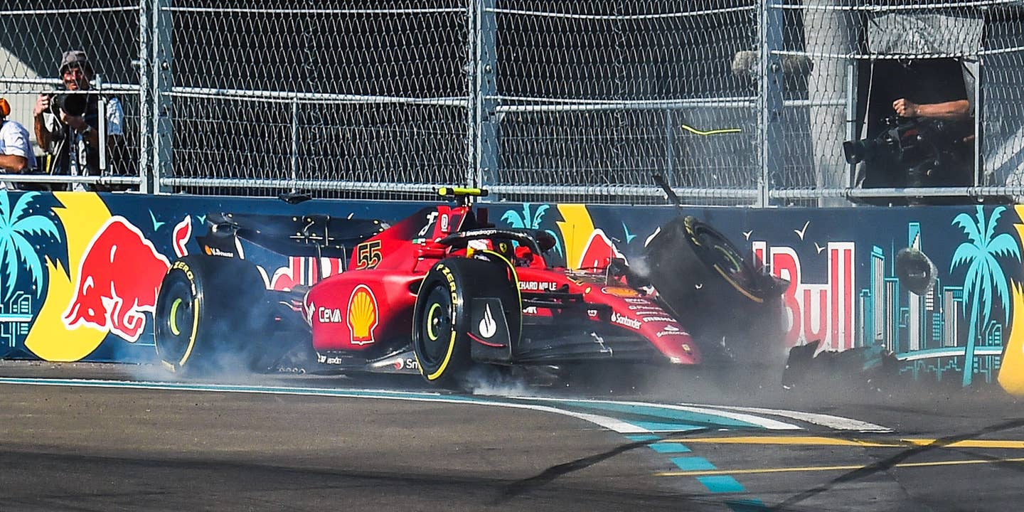 Carlos Sainz's Ferrari crashed into the concrete and catch fencing barrier at turn 14 of Miami international Autodrome during second practice