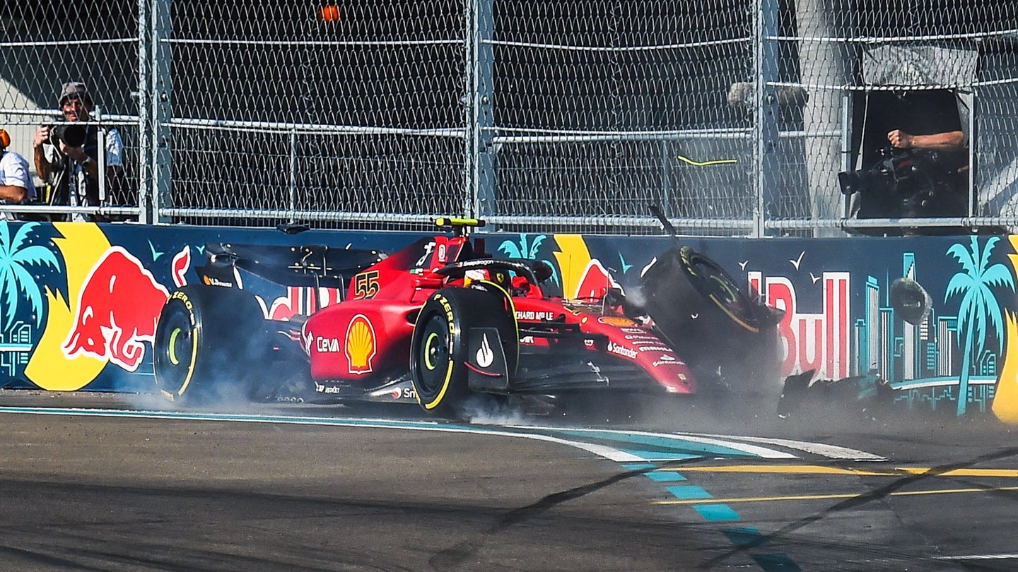 Carlos Sainz's Ferrari crashed into the concrete and catch fencing barrier at turn 14 of Miami international Autodrome during second practice