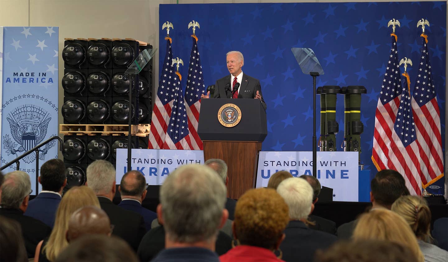 President Joe Biden speaks during a visit to Lockheed Martin’s Troy facility on May 3. <em>Lockheed Martin</em>