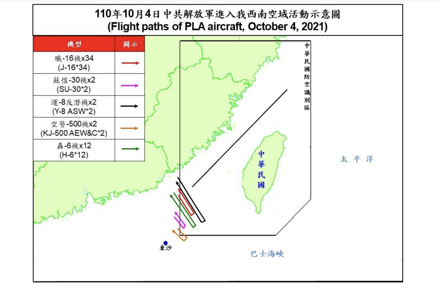 Composition and flight paths of the 52 aircraft within a single wave that entered the ADIZ last October 4. This was the biggest such incursion in recent times.&nbsp;<em><em>Taiwan Ministry of National Defense</em></em>