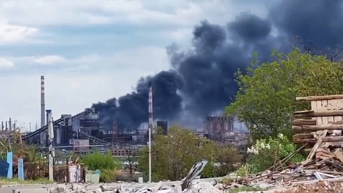 Smoke rises after a Russian attack on the Azovstal steelworks in the Ukrainian city of Mariupol on May 11, 2022.