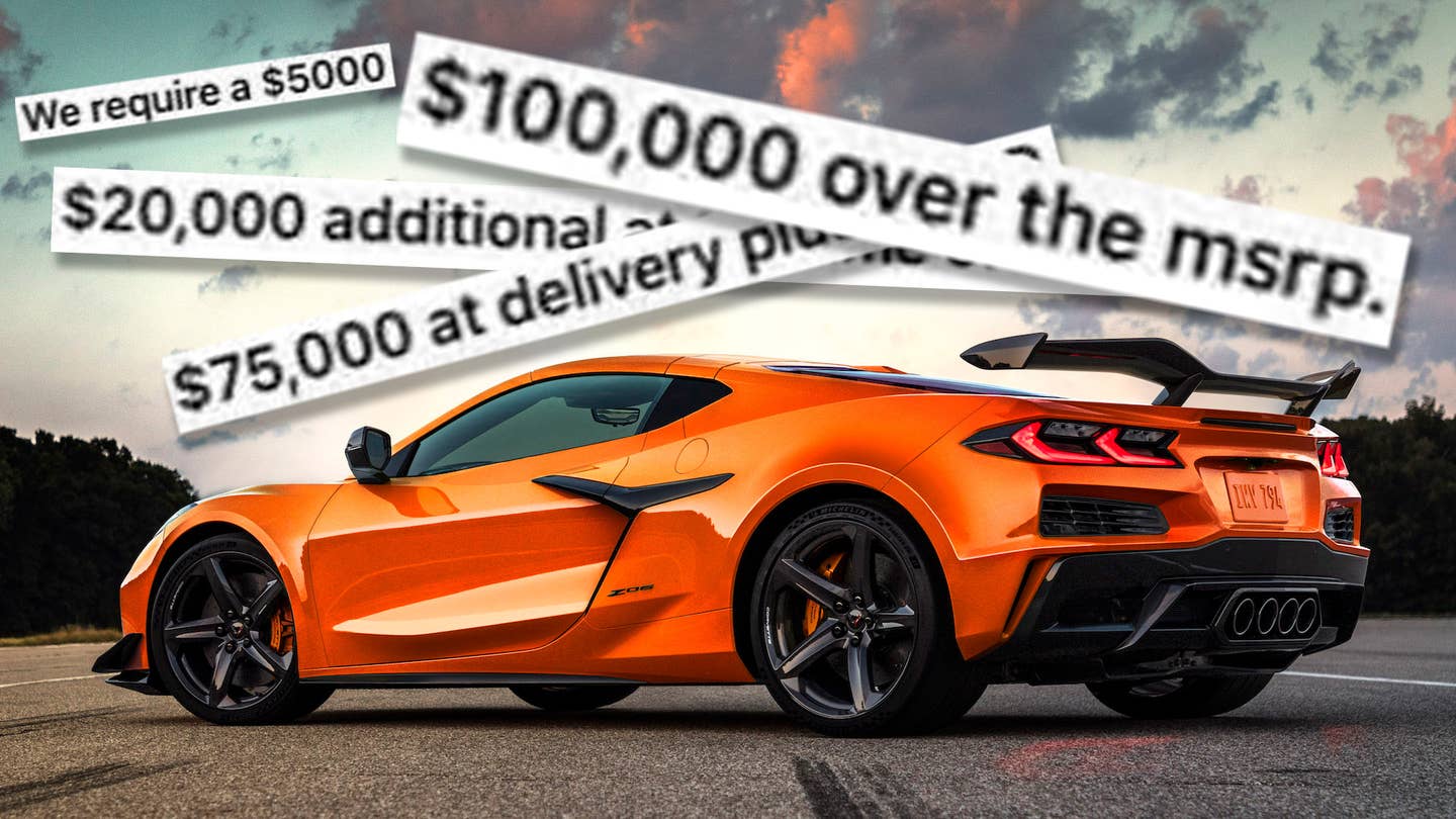 2023 Chevrolet Corvette Z06 rear-three quarter with blurbs from the dealer's email demanding a $100,000 markup overlaid