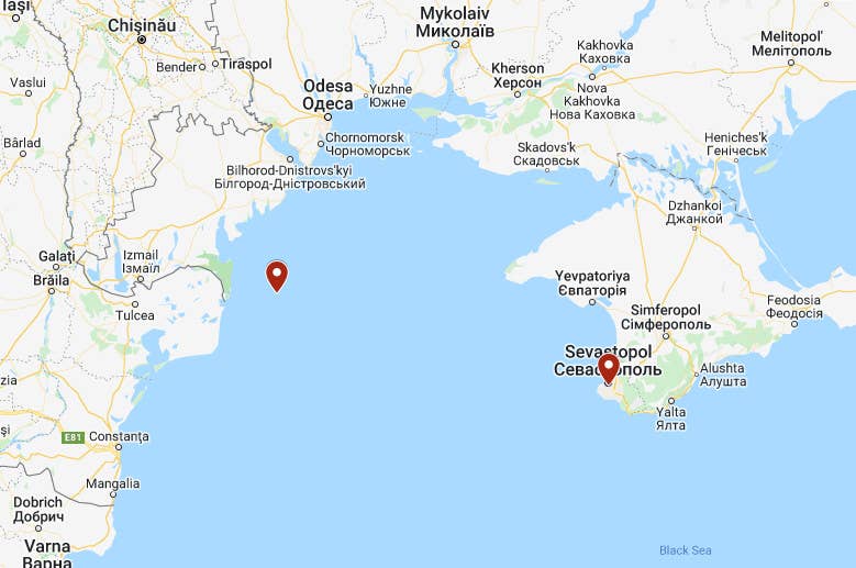 A map showing general location of Snake Island, in the west, and the Russian Navy's base at Sevastopol on the occupied Crimean Peninsula. <em>Google Maps</em>