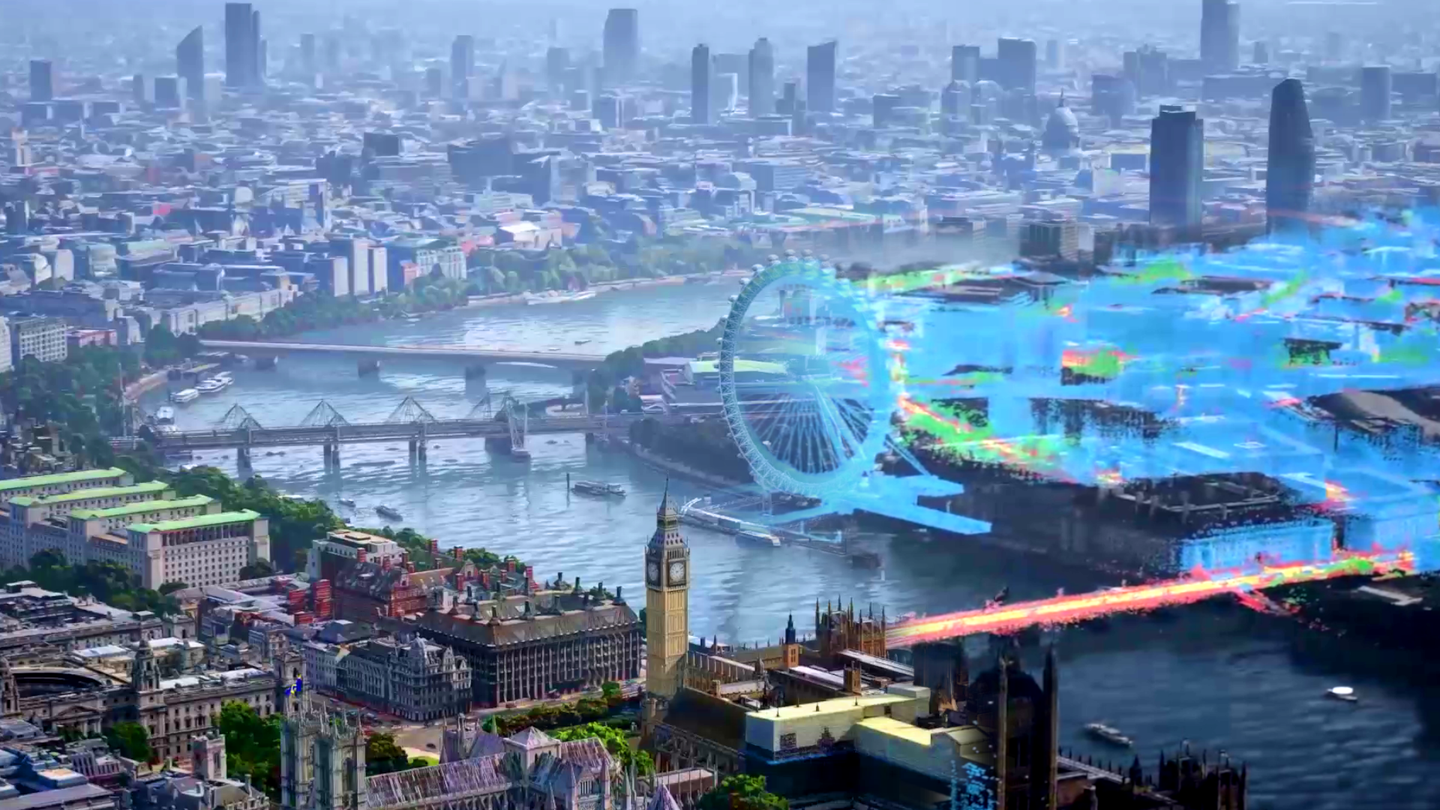 An image showing a 3D wireframe spreading across a city landscape.