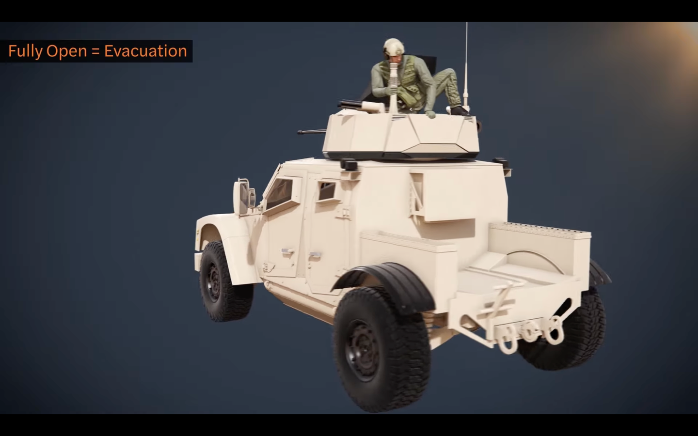 An animation of a soldier exiting a JLTV through the CPWS hatch. <em>Cockerill</em>